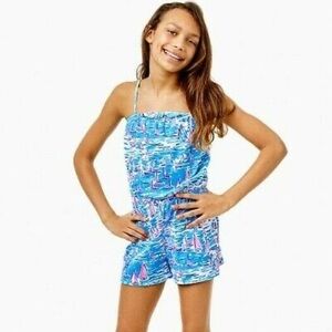 Lilly Pulitzer Girls Jaycee Romper Zanzibar Blue Boatylicious. Size Small 4/5.